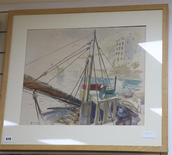 Stuart Maxwell Armfield (1916-2000) ink and watercolour, Fishing boat in harbour, signed, 42 x 52cm.